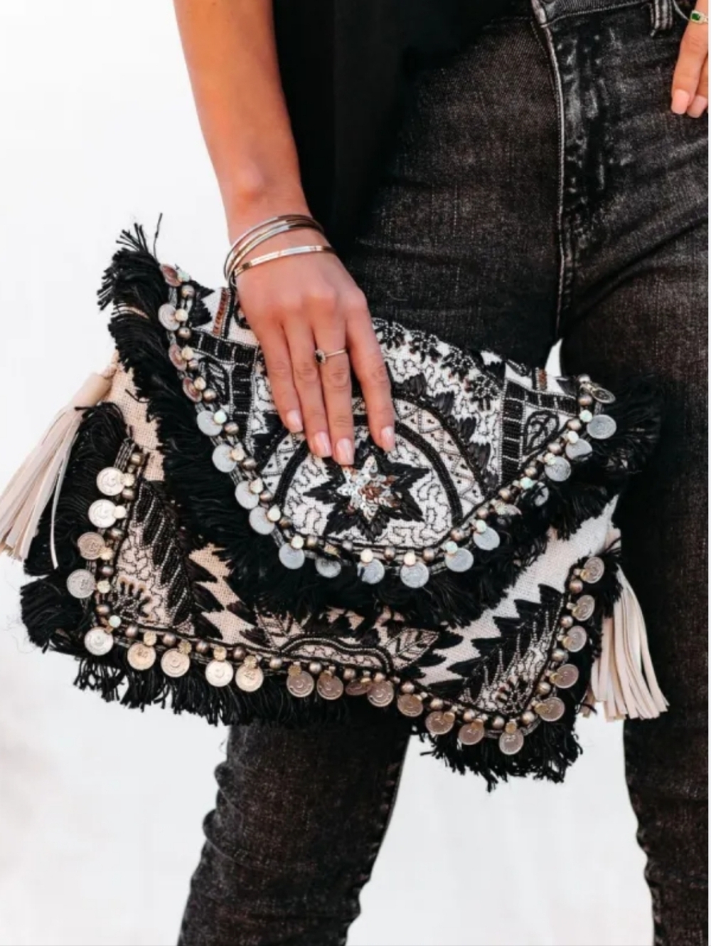 Shashi Leela Boho Black & Cream Tassel Fringe Beaded Embellished Clutch Bag New